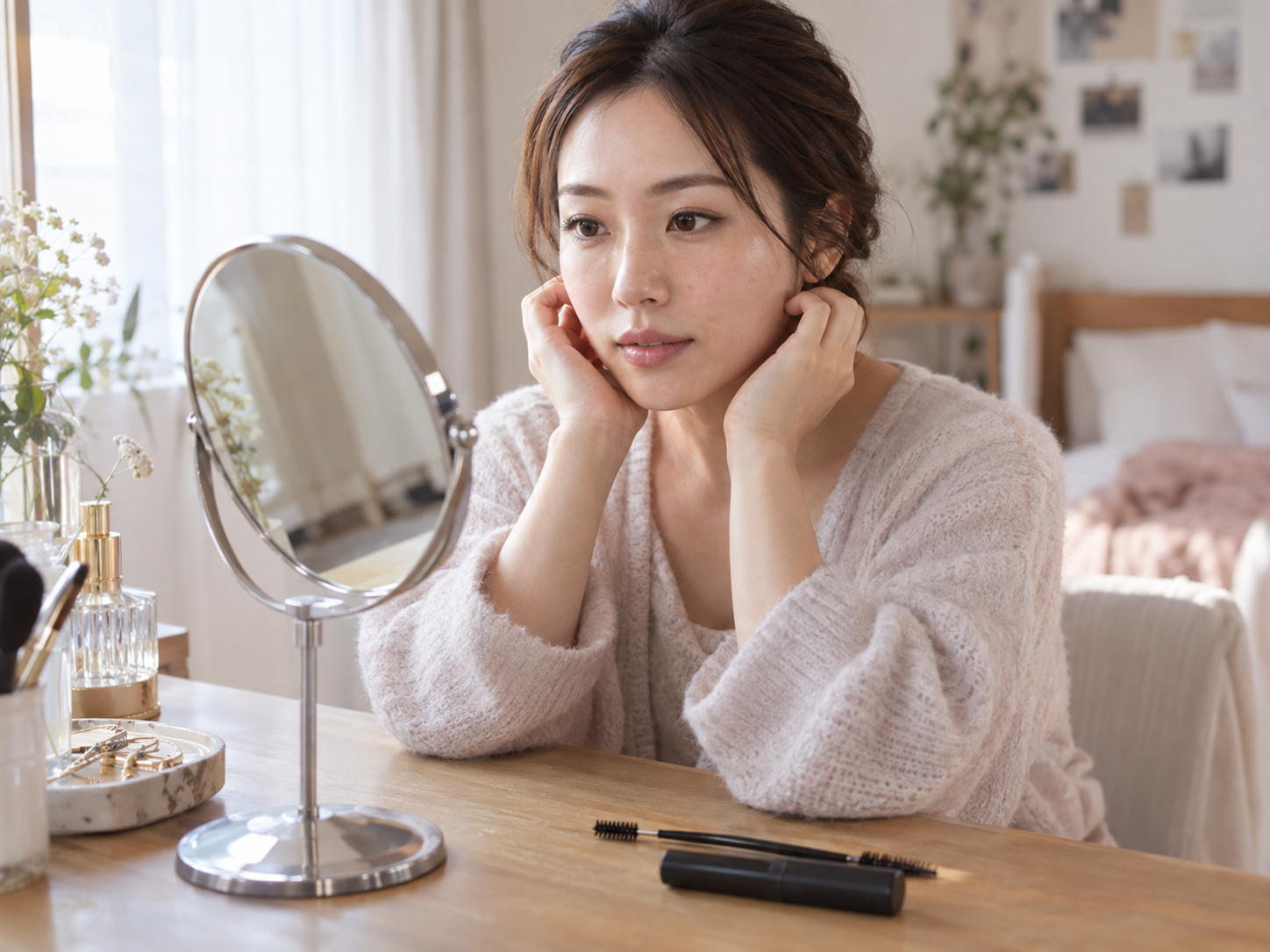 まつ毛と眉毛のバランスを確認する女性のイメージ