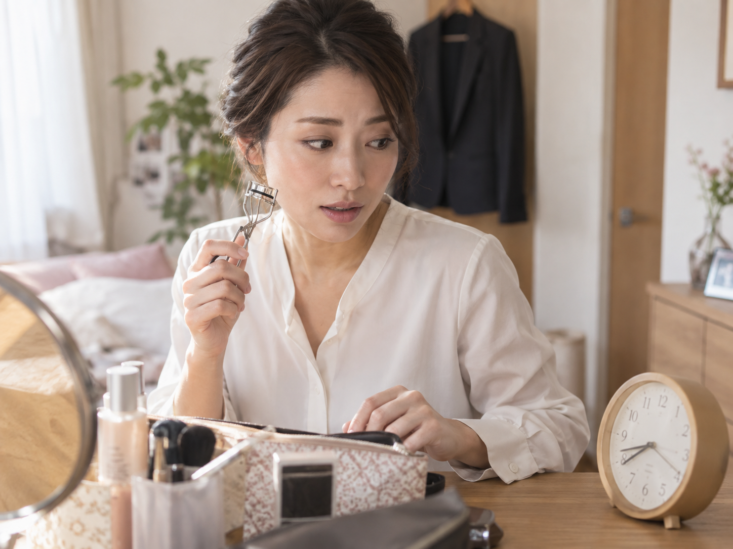 毎朝のビューラーとメイクに時間をかける女性のイメージ