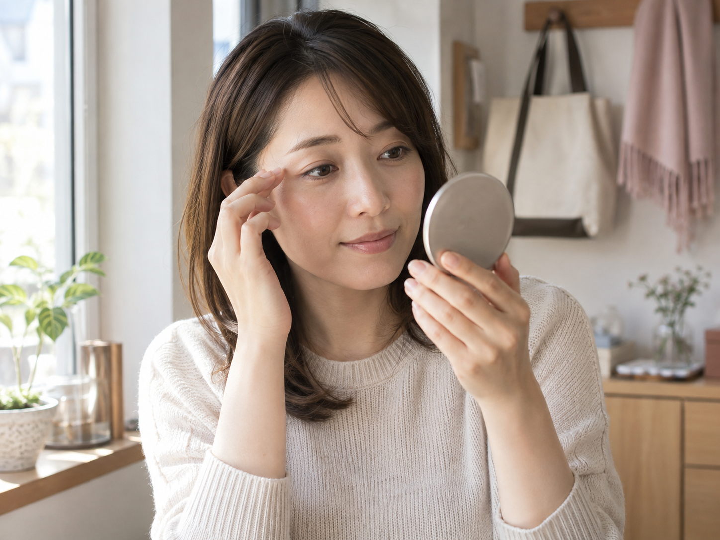 自然な目元のメイクを考える女性のイメージ